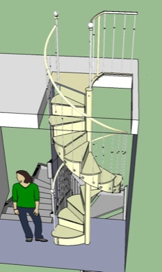 Vue en 3D d'un Escalier en Colimaçon en chêne combiné mât fer fabriqué en France